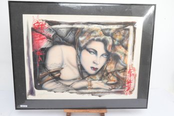 Framed & Artist Signed Surrealist Portrait Artwork Of Woman With Abstract Elements