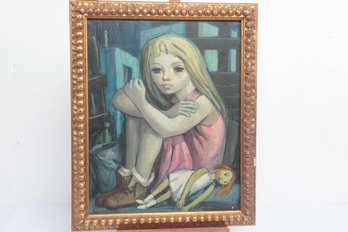 Framed Signed Oil On Canvas Portrait Of Seated Girl With Doll - Mid-Century Style