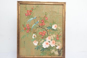 Framed Asian Floral & Bird Painting W/ Faux Bamboo Gold Painted Frame