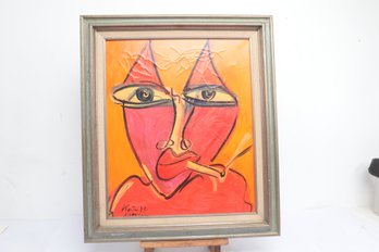 Framed Signed Modernist Abstract Portrait Painting, Bold Orange & Red Palette