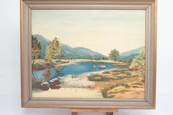 Signed 1959 Oil On Board Landscape W/Lake & Mountains By H. Cort