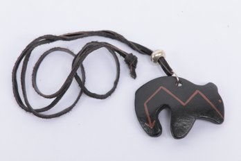 Native American Carved Wood Bear Pendant Necklace - Signed E. Seymour Acoma N.M.