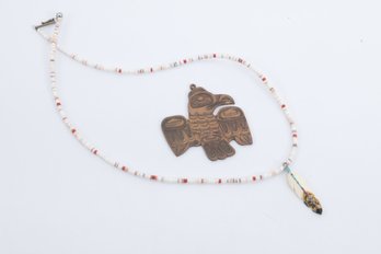 Southwestern & Northwest Coast Style Jewelry Lot Thunderbird Pendant & Heishi Feather Necklace