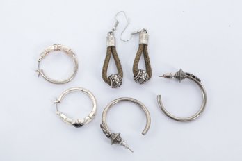 3 Pairs Of Silver Toned Pierced Earrings - 2 Pairs Of Hoops & 1 Dangle/Drop