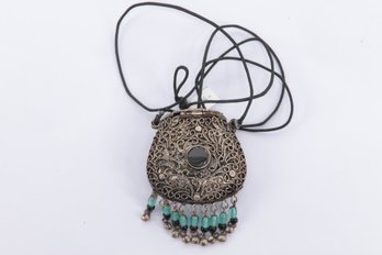 Vintage Sajai Gemstone Coin Purse Necklace W/Beautiful Filigree Metalwork