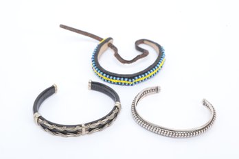 3 Native American Inspired Bangle Bracelets -Silver Toned Cuff, Silver & Leather Cuff & Leather W/Beads