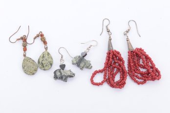 3 Pairs Of Beaded Drop/Dangle Earrings W/Silver Toned Detailing