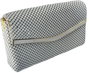 Whiting & Davis Unsigned WHITE MESH CLUTCH BAG,  Foldover Flap, Gold-tone Chain Strap
