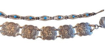 Silver-Tone Bracelets: Filigree Faux Turquoise And Figural Relief Panels, C. 1940s-1960s