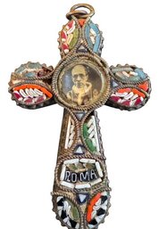 ROMAN MICRO MOSAIC Cross Pendant With Papal Portrait And 'ROMA' Inscription, C. 1900s-1920s