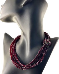 Multi-Strand Faceted Garnet Beaded Choker Necklace With Ornate Floral Clasp Early 20th C