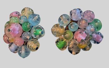 Pastel Glass Bead Cluster Clip-On Earrings, C. 1950s-1960s