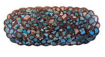 Turquoise And Copper Inlaid Pin Brooch, C. 1950s-1970s
