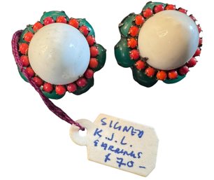 KJL Kenneth J Lane SIGNED Vibrant Green  & Coral Bead Cluster Clip-On Earrings, C. 1960s