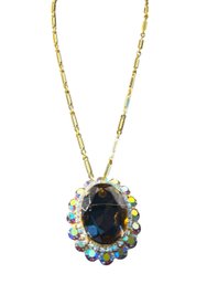Elegant Gold-Tone Brooch-Pendant With Faceted Smoky Topaz-Tone & Aurora Borealis Crystal Halo C1950s