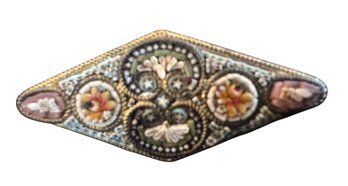 SIGNED FAO Italian Micro Mosaic Lozenge Brooch With Floral Motifs And Rope Twist Border, C. 1890s-1950s