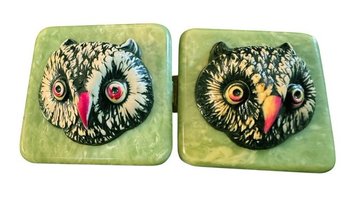 Art Deco Style Owl Head Buckle With Marbled Green Resin Base, C. 1930s-1950s
