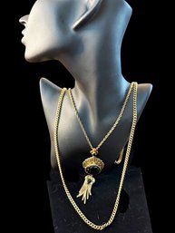 SIGNED MONET Gold-Tone Ornate Black Glass Cabochon Tassel Pendant Necklace, C. 1960s-1970s