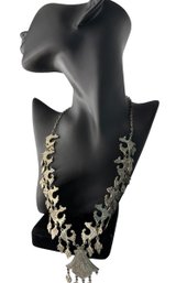 ETHNIC SIGNED Silver-Tone Tiered Bird & Leaf Motif Bib Necklace, C. 1960s-1980s