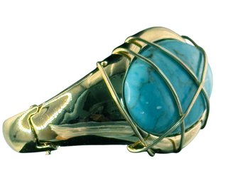 RLM Robert Lee Morris Signed Studio Modernist Open Cuff Bracelet With Caged Faux Turquoise Cabochon