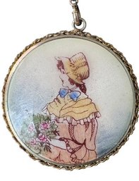 Charming Miniature Portrait Pendant Of A Lady In A Bonnet, C. 1940s