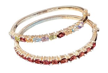 SIGNED 925 STERLING SILVER Pair Of Elegant Gold-Tone Gemstone Half-Eternity Hinged Bangles, C. 1980s-2000s