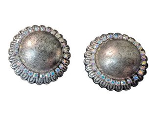 Silver-Tone Domed Clip-On Earrings With Aurora Borealis Rhinestones And Scalloped Border, C. 1950s-1960s