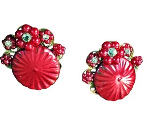 Filigree Floral Cluster Clip-On Earrings - Red Fluted Cabochons Rhinestones, C1950s HASKELL?