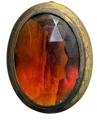 Vintage Oval Faceted Amber-Toned Glass Brooch With Etched Bezel, C1920s-1940s