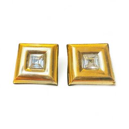 Unsigned Vintage Square Goldtone & Crystal Clipon Earrings - Givenchy Style