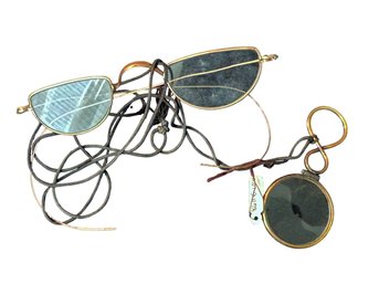 Antique Spectacles And Monocle With Original Cord, C. Late 19th - Early 20th Century