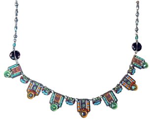 SIGNED ADAYA Colorful Artisan Enamel And Crystal Mosaic Bib Necklace, C. Late 20thC