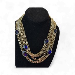 Vintage Unsigned Sapphire Cabochon Glass 4-Strand Link Necklace Dior-Style