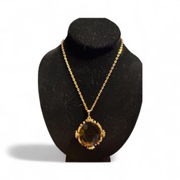 Vintage West German Brown Porphyry Slag Art Glass Filigree Pendant On Chain Necklace