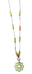 VINTAGE GEMSTONE Celadon Jade & Unakite Long Beaded Necklace With Carved Knot Pendant