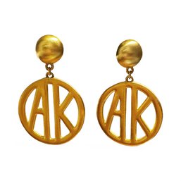 1980s Signature ANNE KLEIN Gold Tone AK Logo Statement Clip-On Dangle Earrings