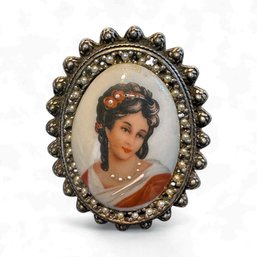 SIGNED LIMOGES France Vintage Painted Porcelain Cameo Portrait Pendant Brooch