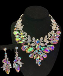 AB Crystal Bridal Jewelry Set - Statement Bib Necklace & Pierced Dangle Earrings