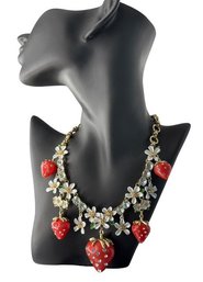 SIGNED BETSEY JOHNSON Strawberry And Floral Charm Necklace With Rhinestone Accents, C2000s
