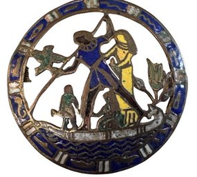 STERLING SILVER Enamel Brooch With Stylized Nordic Scene, C. 1890s-1930s