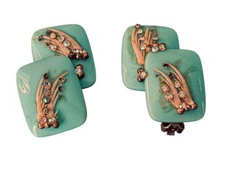 VINTAGE Aqua Resin Rhinestone Clip Earrings, C. 1950s-1960s
