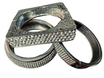 Assortment Of Three Rhinestone-Embellished Hinged Bracelets, C. 1990s