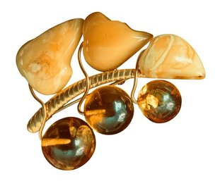 H.M.C. Gold-Tone Bakelite Berry And Leaf Brooch, C. 1950s