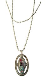 Ornate Oval Pendant Necklace With Abstract Poured Resin Cabochon, C. 1960s-1980s