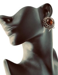Openwork Wire Earrings With Faceted Amber-Toned Glass, C. 1950s-1970s