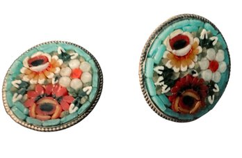 ITALIAN MICRO MOSAIC Floral Design Clip-On Earrings, C. 1940s-1960s