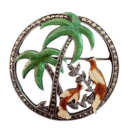 SIGNED PAYAEFOR Sterling Silver Marcasite & Enamel Tropical Bird & Palm Tree Brooch, C. 1940s-1960s
