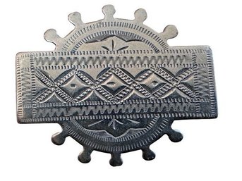Elaborate Stamped Silver-Tone Geometric Sunburst Brooch Pin, C. 1940s-1970s