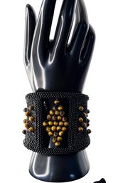 BEADED CUFF BRACELET Black Micro-Beadwork With Tiger's Eye Accents, C. 1990s