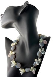 Multi-Stone Cluster Necklace With Gray Agate And Freshwater Pearls